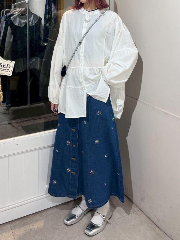 花朵刺繡口袋牛仔長裙 