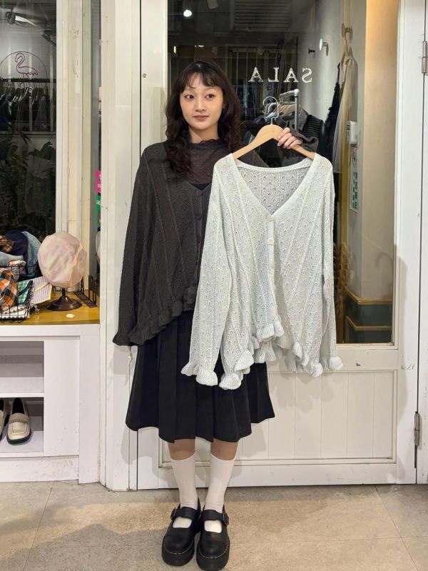 泡泡花邊針織鏤空開襟衫 