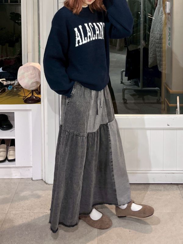 灰色牛仔方格拼接長裙 