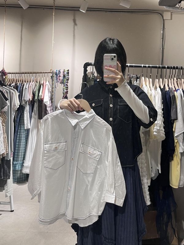 明線雙口袋短板五分袖襯衫 