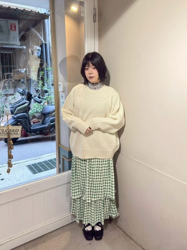 格紋滑料雙層滾邊下擺長裙 