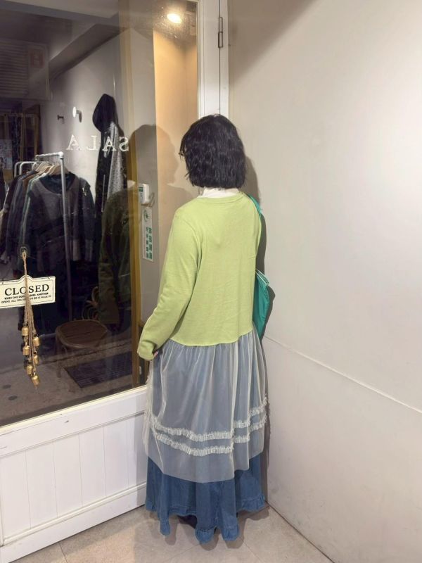 針織花釦長袖拼接滾邊紗洋裝 