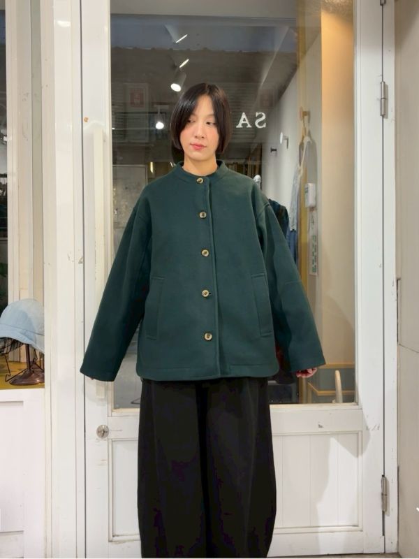 綠色中山領毛呢大外套 