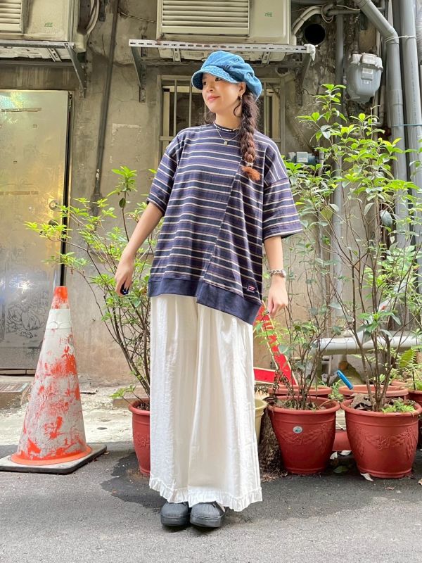 USA COTTON撞色條紋拼接感落肩寬鬆Tee 