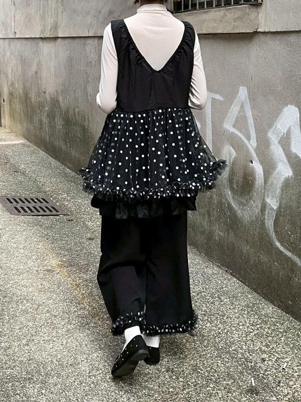 拼接波點雙層紗紗寬肩帶背心 