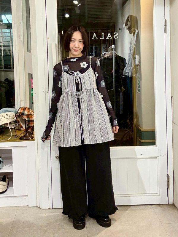 立體布紋細格條紋綁帶吊帶背心 