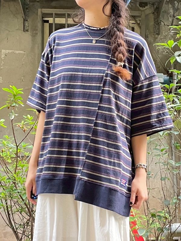 USA COTTON撞色條紋拼接感落肩寬鬆Tee 