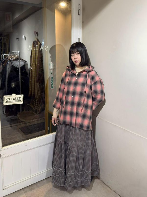 格紋排扣連帽綁帶襯衫外套 