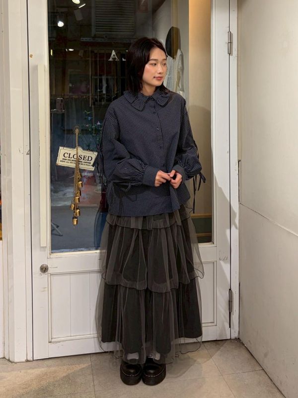 袖子蝴蝶結綁帶荷葉領格紋襯衫 