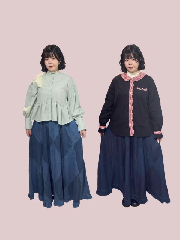 大格紋拼接荷葉下擺鬆緊腰傘裙 