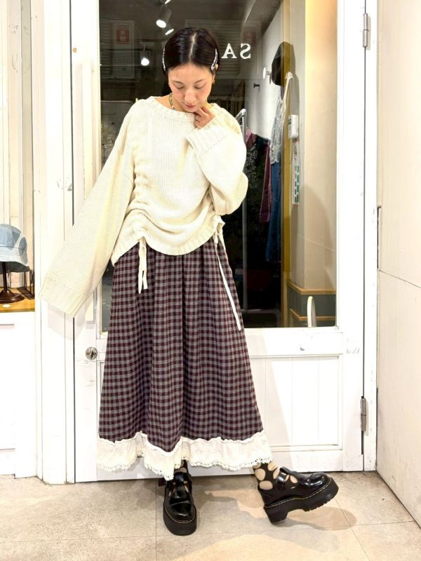 抽繩綁帶落肩寬袖針織上衣 