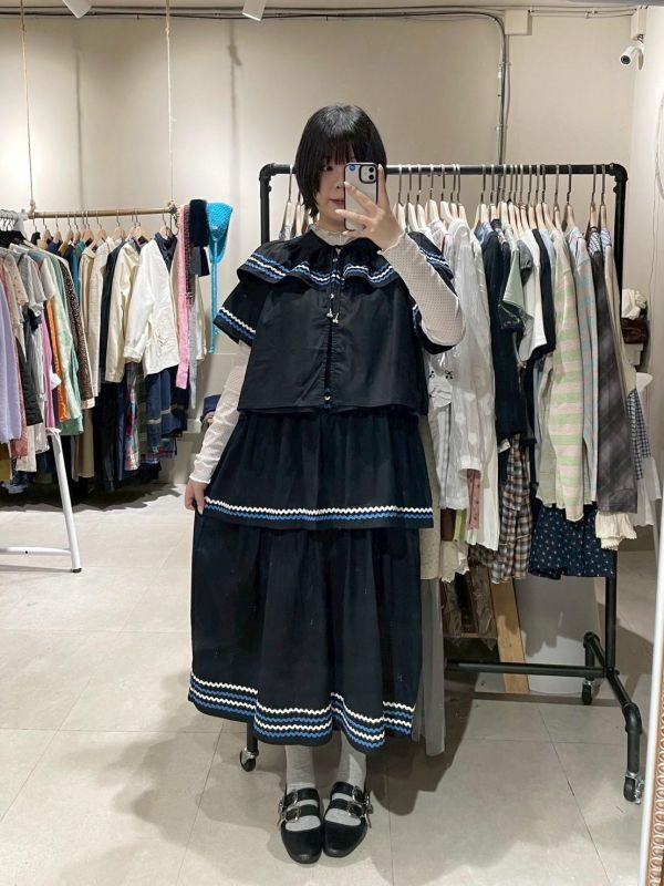 波浪紋吊帶洋裝+波浪紋短袖綁帶襯衫兩件式套裝 