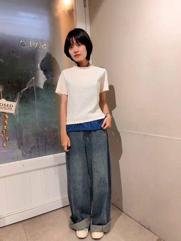 泡泡布木耳滾邊百搭短袖上衣 