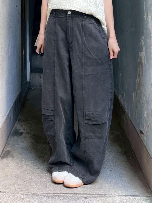 牛仔打褶線條錐形長褲 