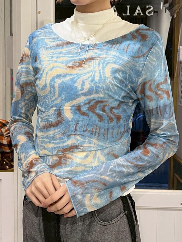 油畫渲染雙層透膚長袖上衣 