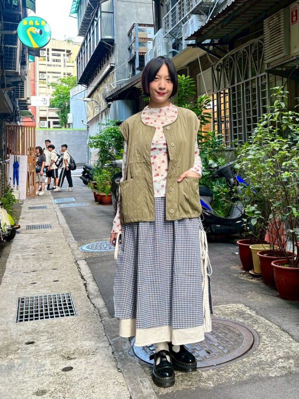 雙層格子兩側綁帶裙 