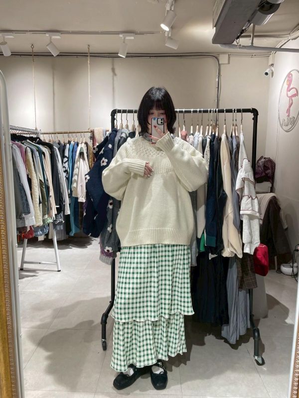 格紋滑料雙層滾邊下擺長裙 