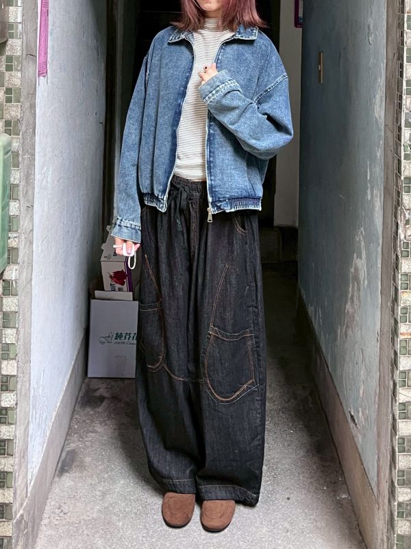 翻領做舊復古拉鍊牛仔外套 