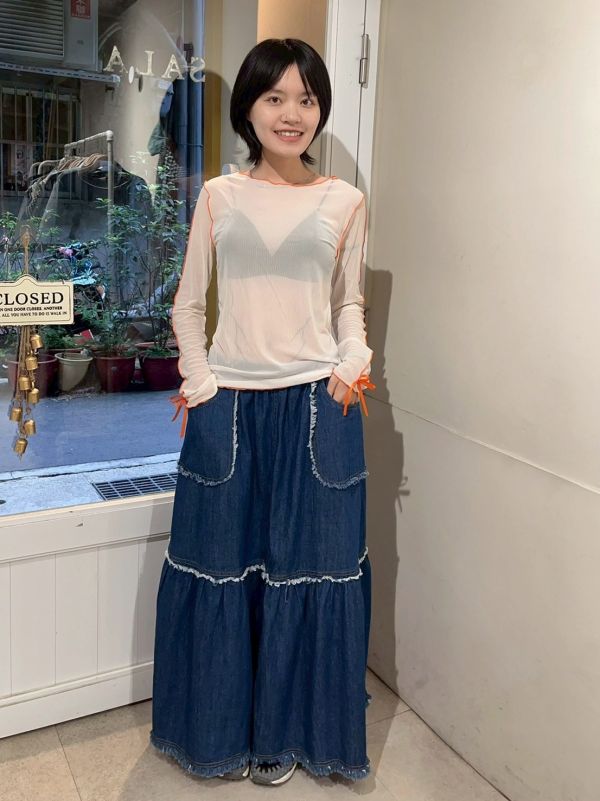 素色手袖小緞帶撞色滾邊透膚內搭 