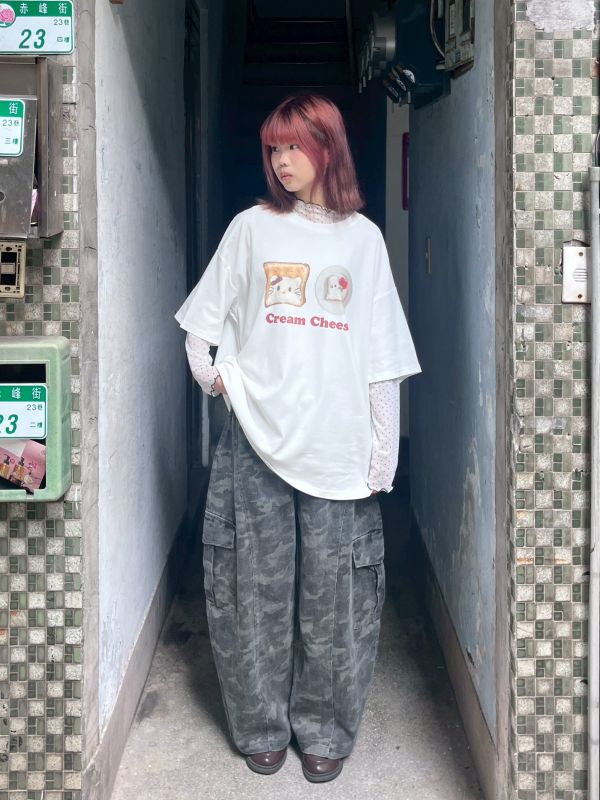 迷彩牛仔工裝口袋彎刀長褲 