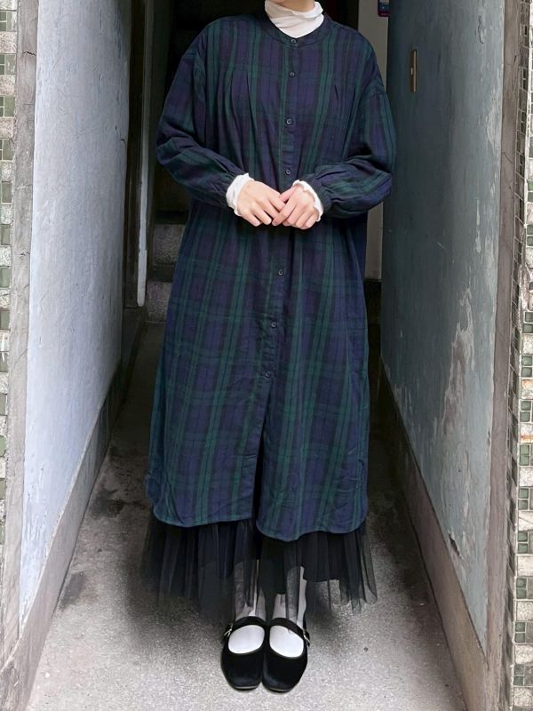 棉麻藍綠圓領排扣長版洋裝 