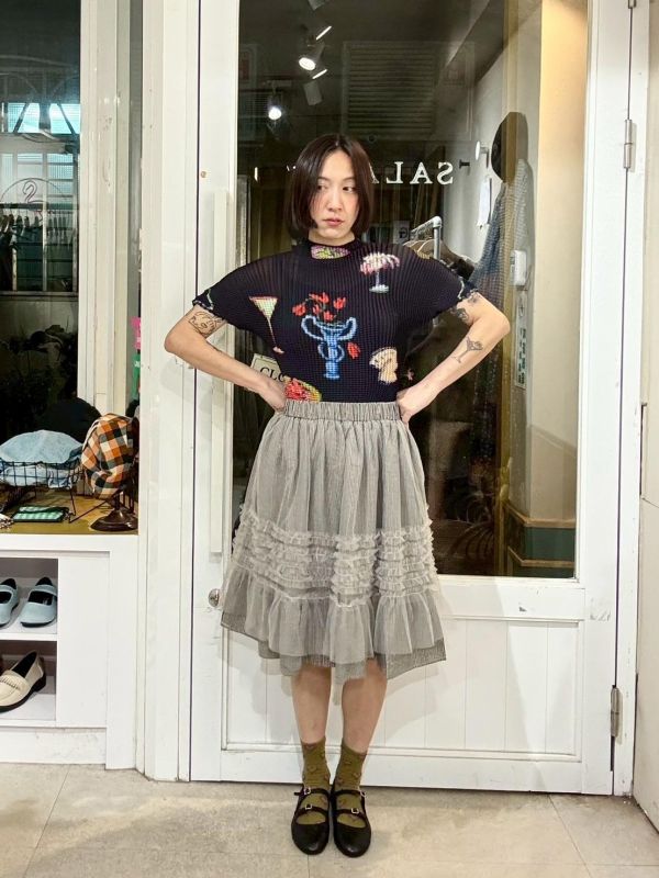 內層細格子外層蛋糕五分紗裙 