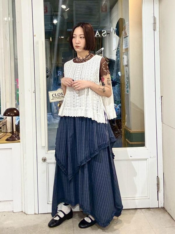 藍色格紋不規則拼接裙 