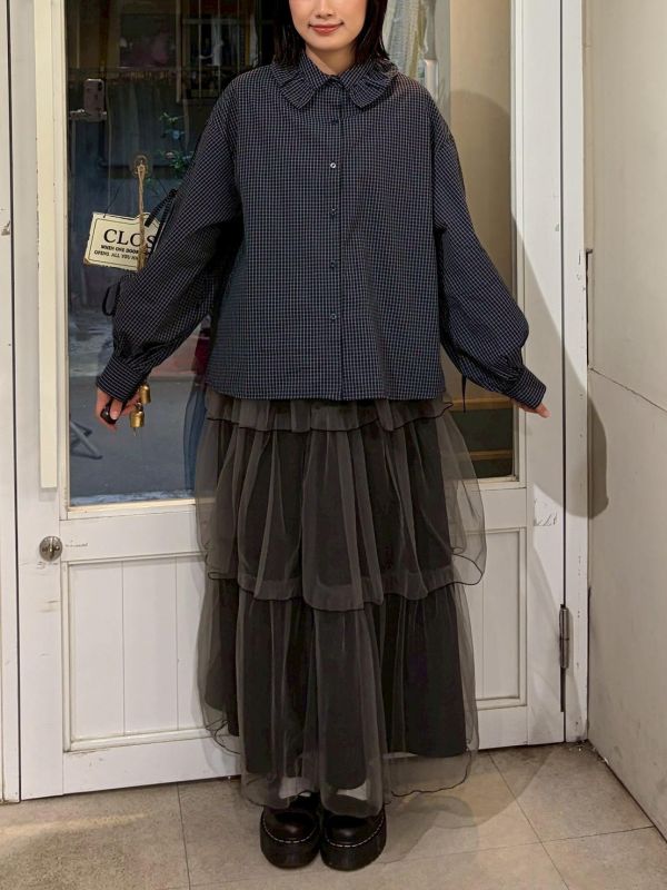 袖子蝴蝶結綁帶荷葉領格紋襯衫 