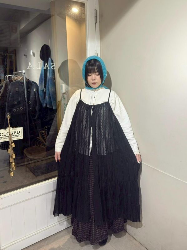 波點紗綁帶吊帶長版罩衫 