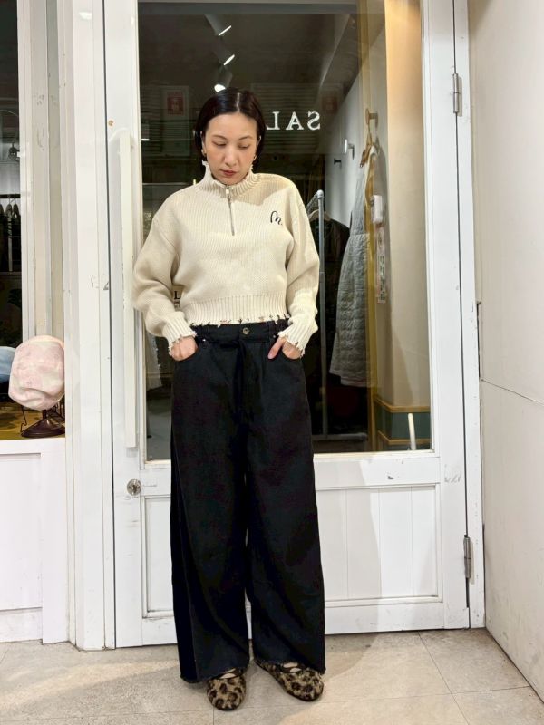 側邊細燈芯絨拼接牛仔褲 