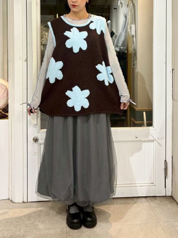 撞色藍花針織背心 