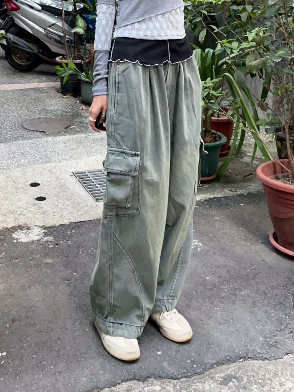 沼澤綠水洗多口袋鬆緊腰牛仔褲 