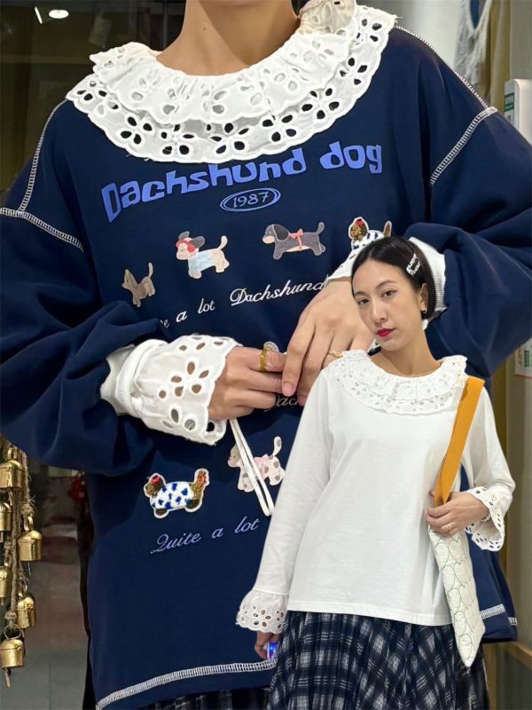 白色鏤空刺繡上層荷葉領喇叭袖上衣 