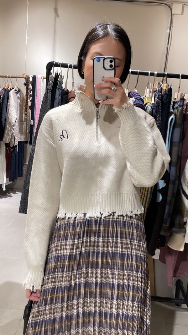 破壞感拉鏈短板針織上衣 