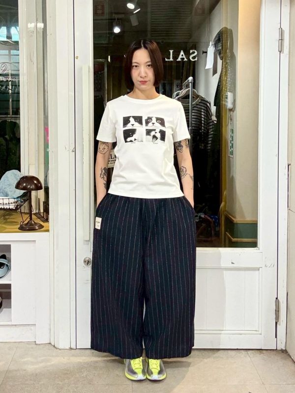 伸縮腰抽繩直車縫線繭型九分寬褲褲 