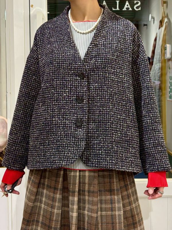前短後長千鳥格紋開襟落肩毛呢外套 