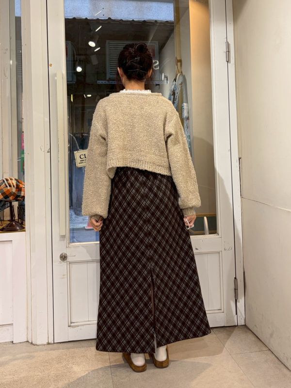 學院厚布格紋後鬆緊腰開衩長裙 