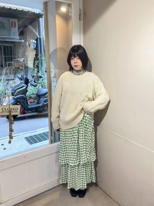 格紋滑料雙層滾邊下擺長裙 