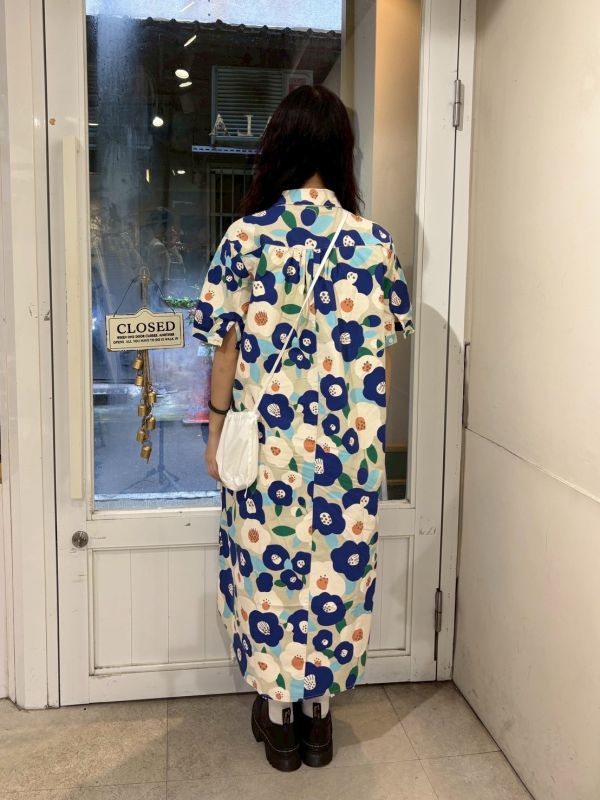 藍橘花花撞色洋裝 