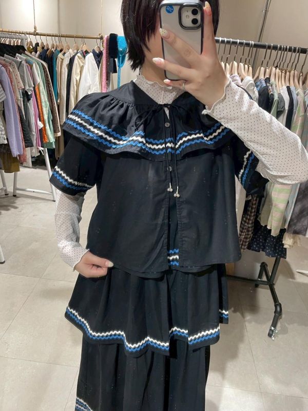 波浪紋吊帶洋裝+波浪紋短袖綁帶襯衫兩件式套裝 