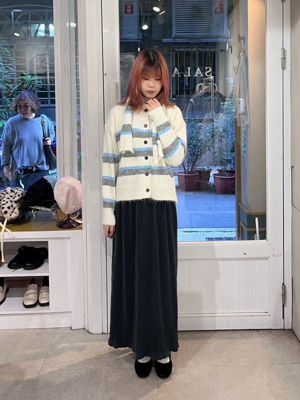 橫條紋針織排扣外套附圍巾 