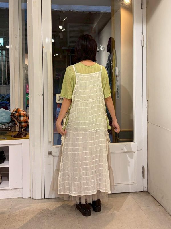 抓皺長方格測綁帶紗質長罩衫 