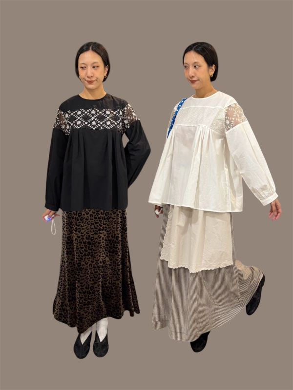 胸刺繡紗袖刺繡透紗拼接長袖娃娃上衣 