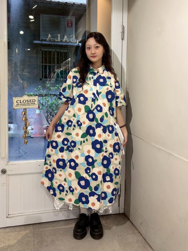 藍橘花花撞色洋裝 