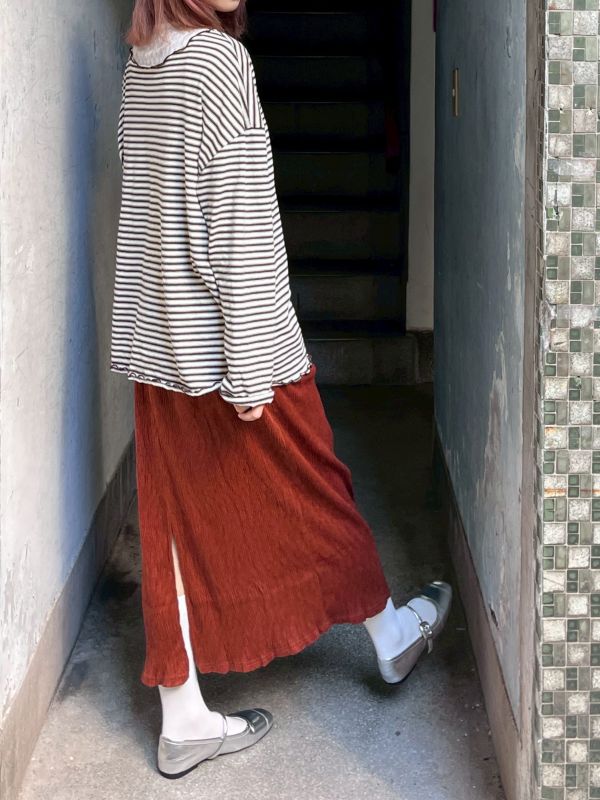 燈芯絨後開衩直筒皺皺裙 