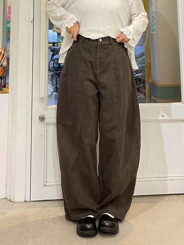 造型圓形車線後鬆緊前後雙口袋繭形牛仔褲 