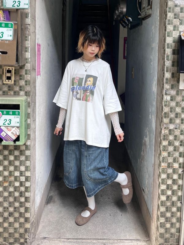 貓咪字母印花落肩短袖Tee 