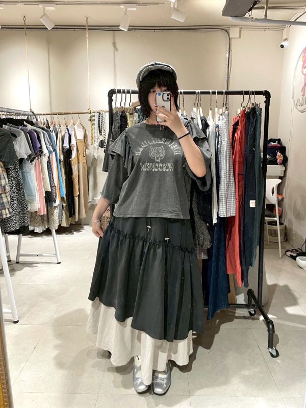 抽繩鬆緊腰雙層滾邊傘狀長裙 