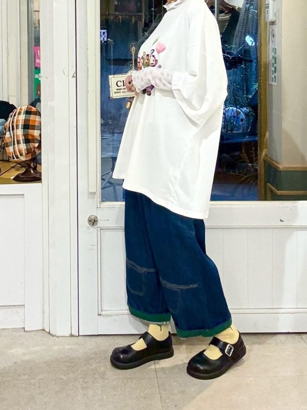 褲腳反折拼接繭型九分褲牛仔寬褲 