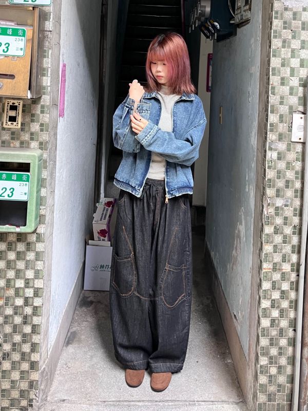 翻領做舊復古拉鍊牛仔外套 